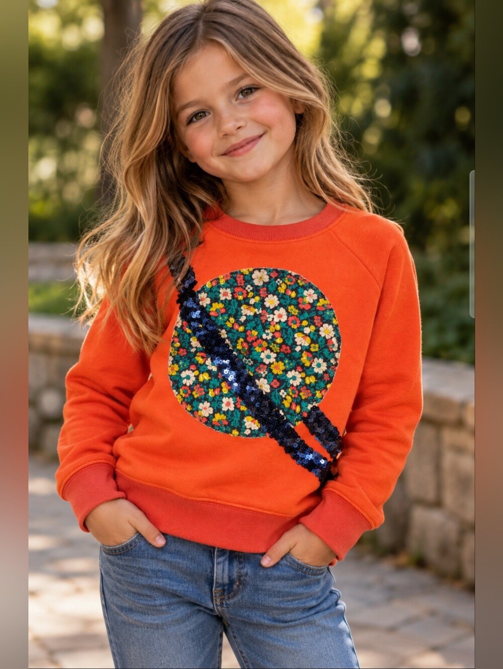 Mini Boden Girls 5-6Y Coral Floral Planet Sequin Sweatshirt Pullover 116cm